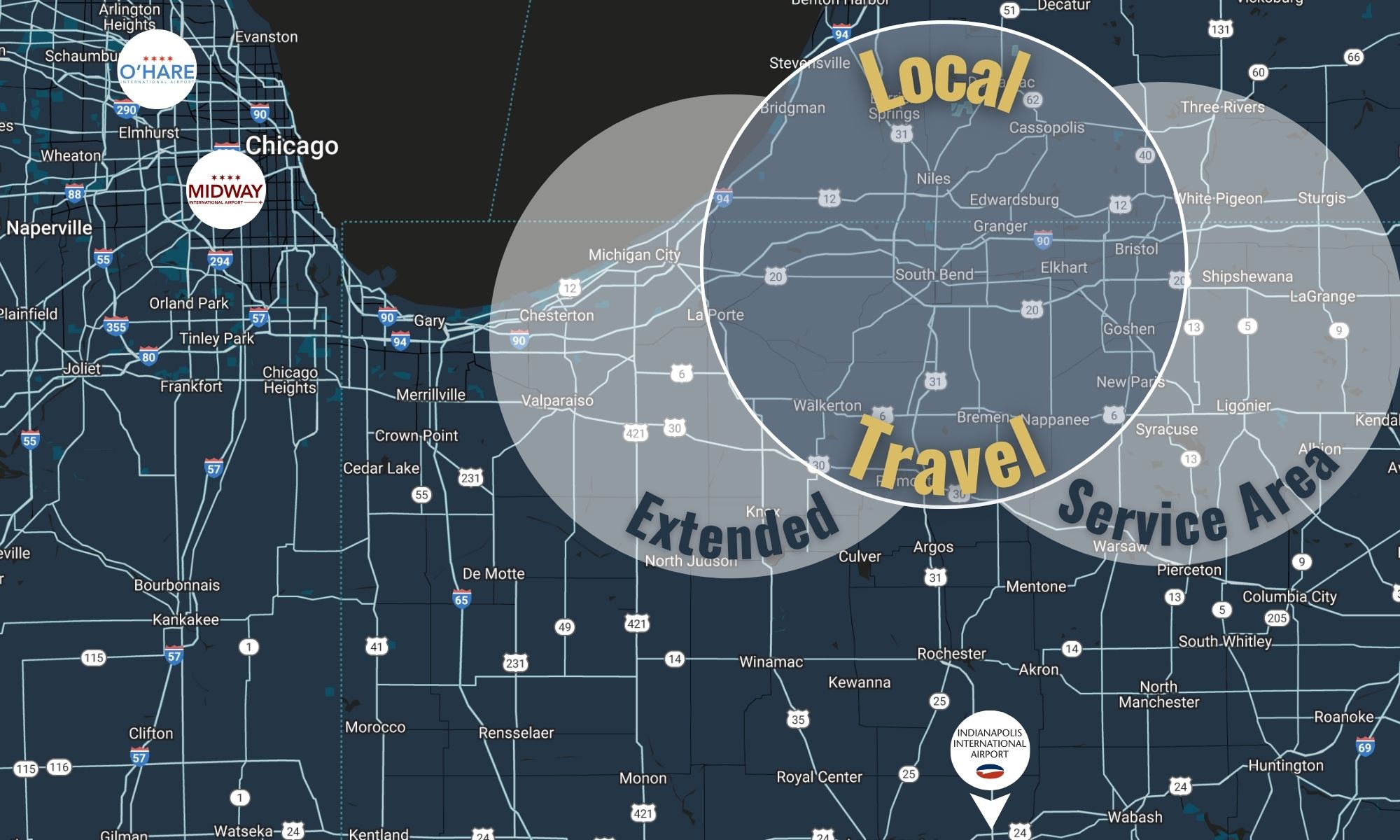 service area map with circle from Berrien Spring to LaPorte to Plymouth to Goshen as local travel area and extended service areas as semi circles highlighted extending from Michigan City to North Judson and Three Rivers to LaGrange to Warsaw
